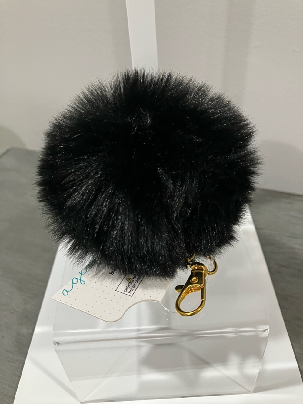 Black Faux Fur Pom bag charm with Gold Clip